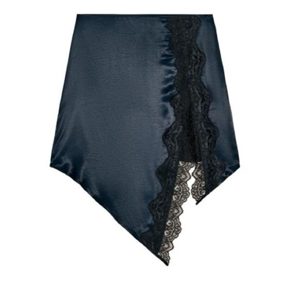 Zara Women's Size XS Satin Mini Skirt with Lace Navy Blue Black Asymmetric Slit